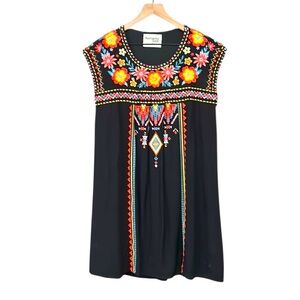 Savanna Jane Embroidered Boho Knee Length Lined Dress Black Size Small